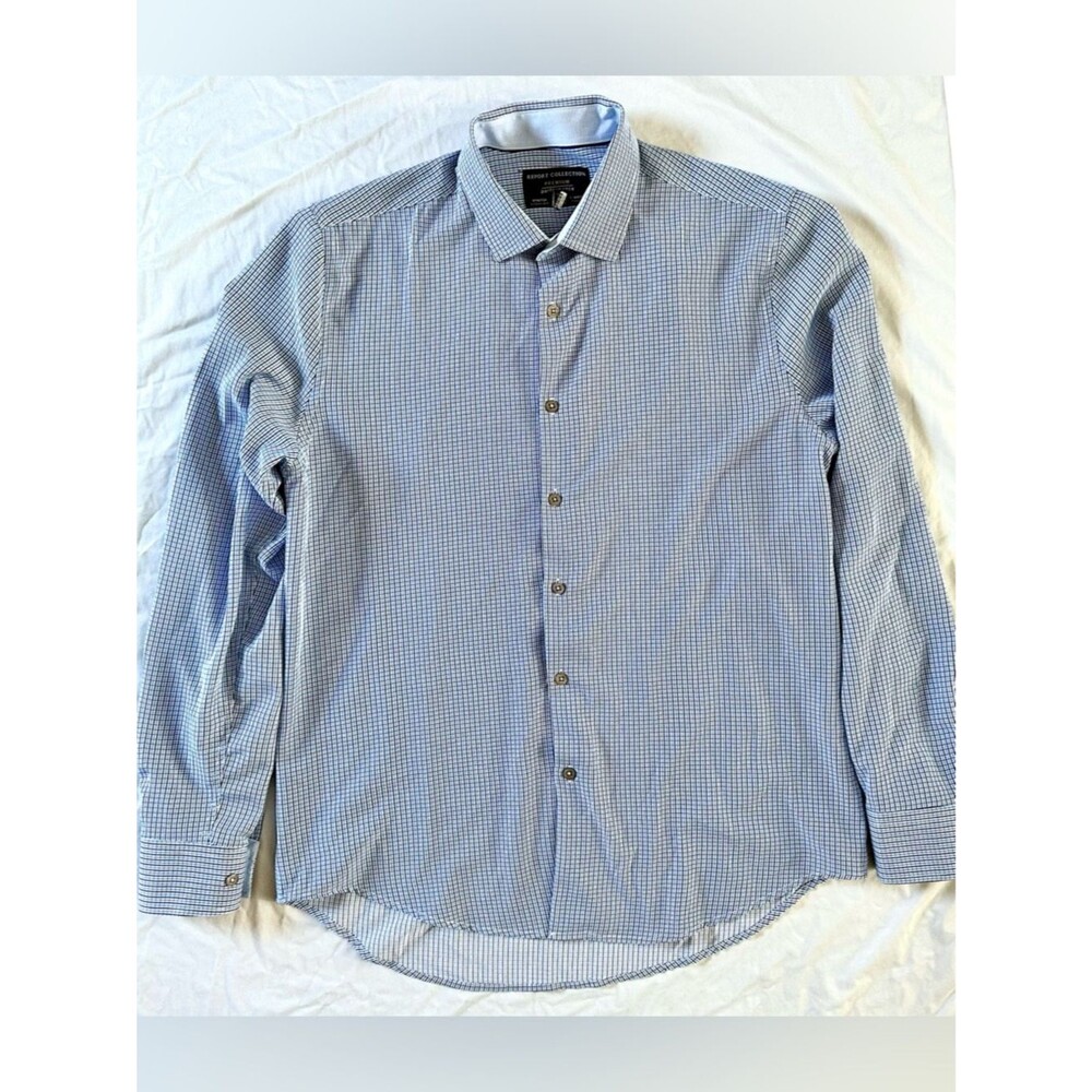Report Collection Performance Slim Fit Blue Gray Check Dress Shirt 15.5 33/34